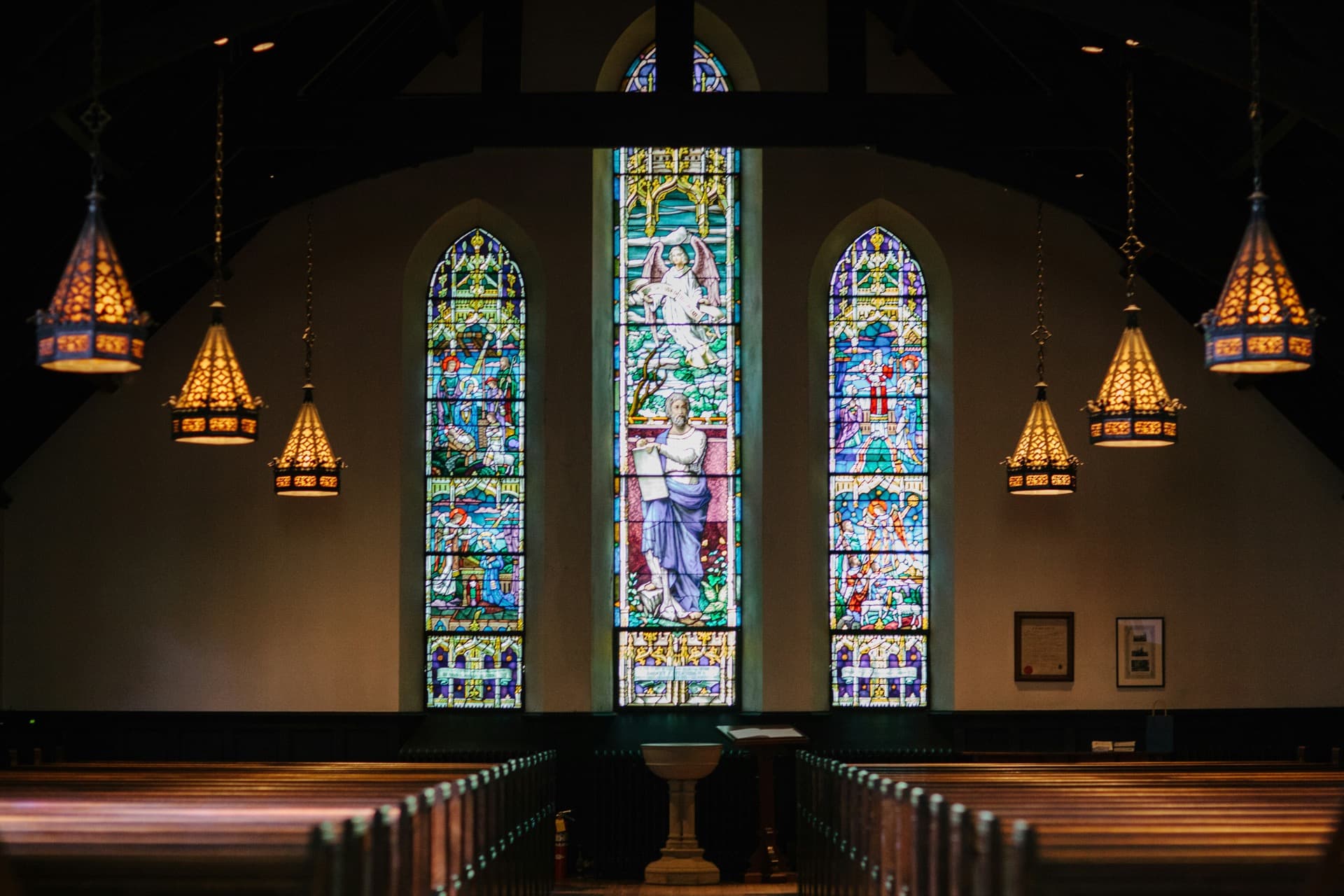 Church interior with warm lighting