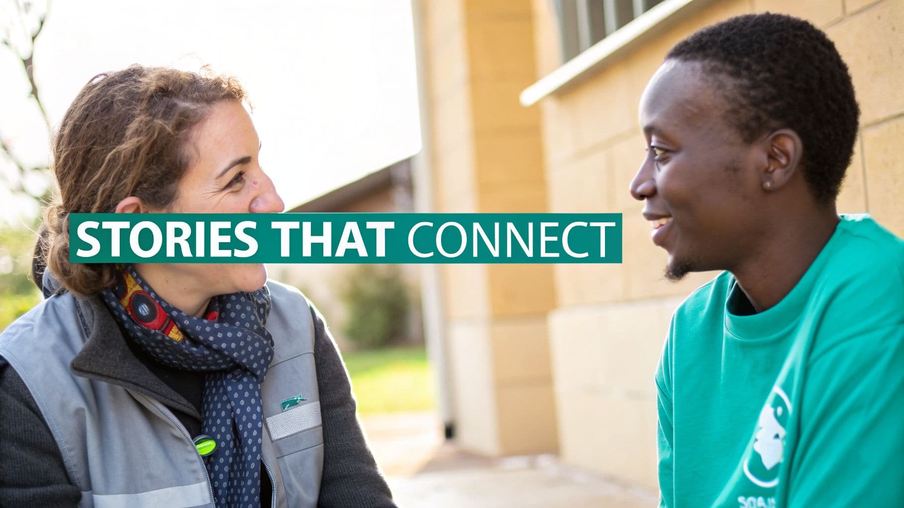 Two diverse individuals smiling and engaging in conversation