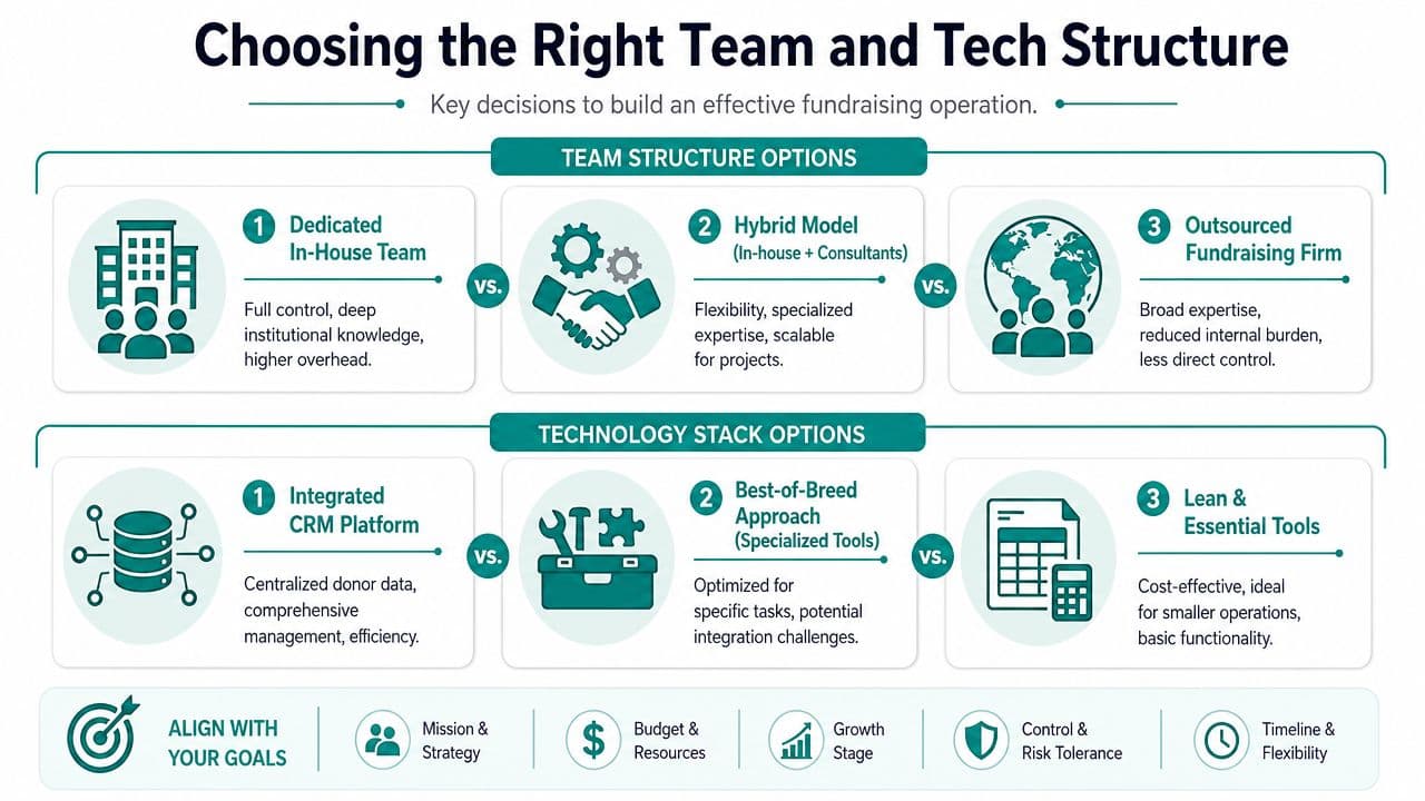 An infographic illustrating options for fundraising team structures and technology stacks for effective nonprofit operations.