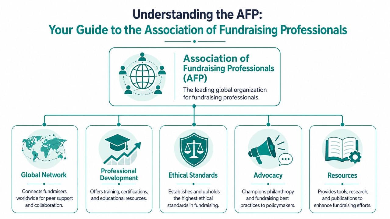 An infographic detailing the five key functions and purpose of the Association of Fundraising Professionals.