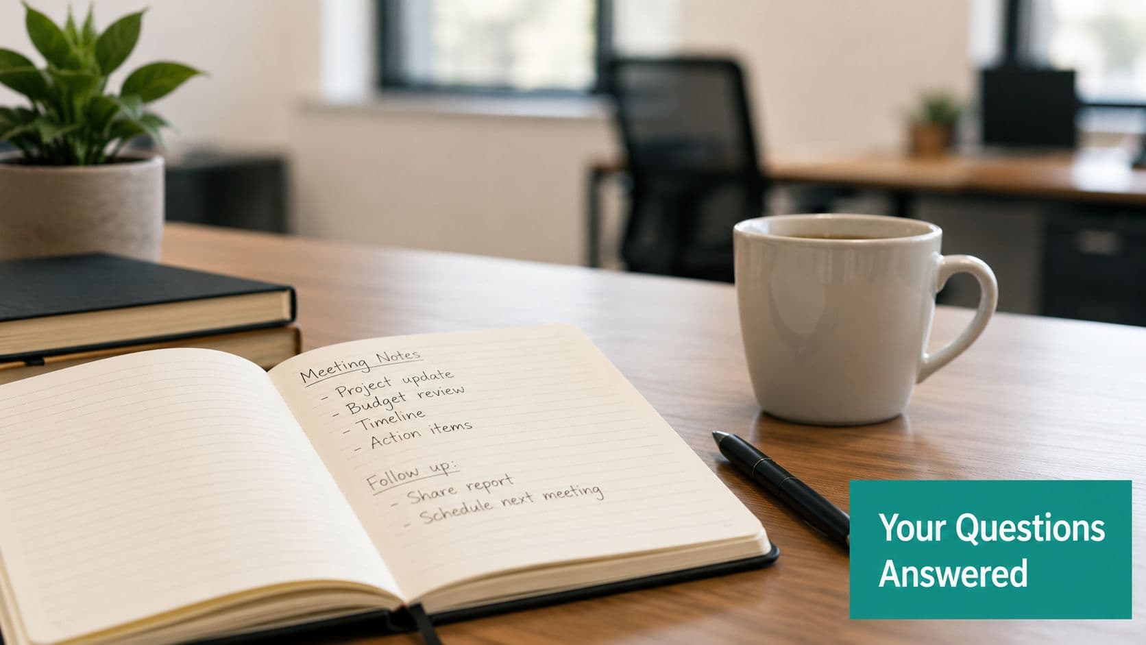An open notebook with handwritten meeting notes on a clean wooden office desk beside a coffee mug.
