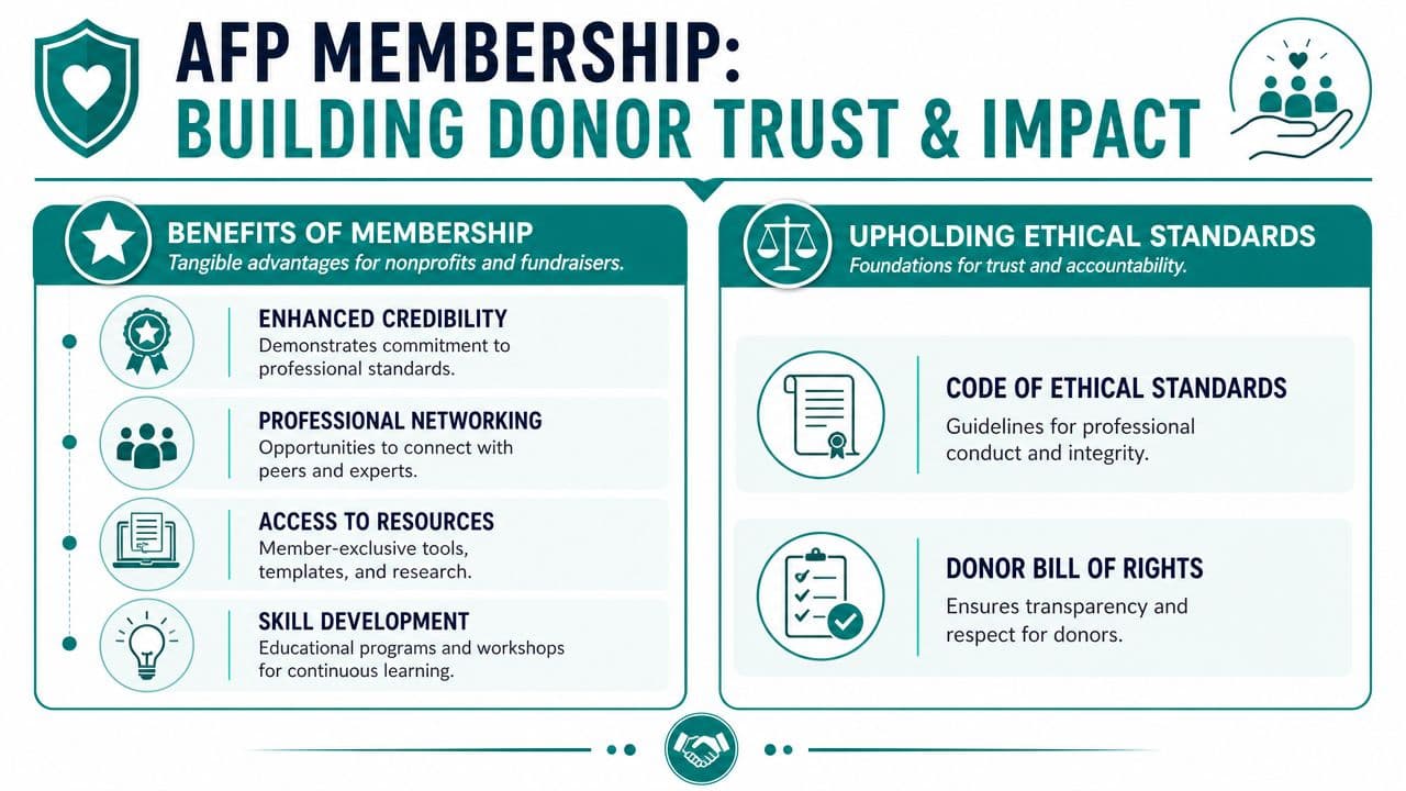 An infographic detailing the benefits of Association of Fundraising Professionals membership and their commitment to ethical standards.