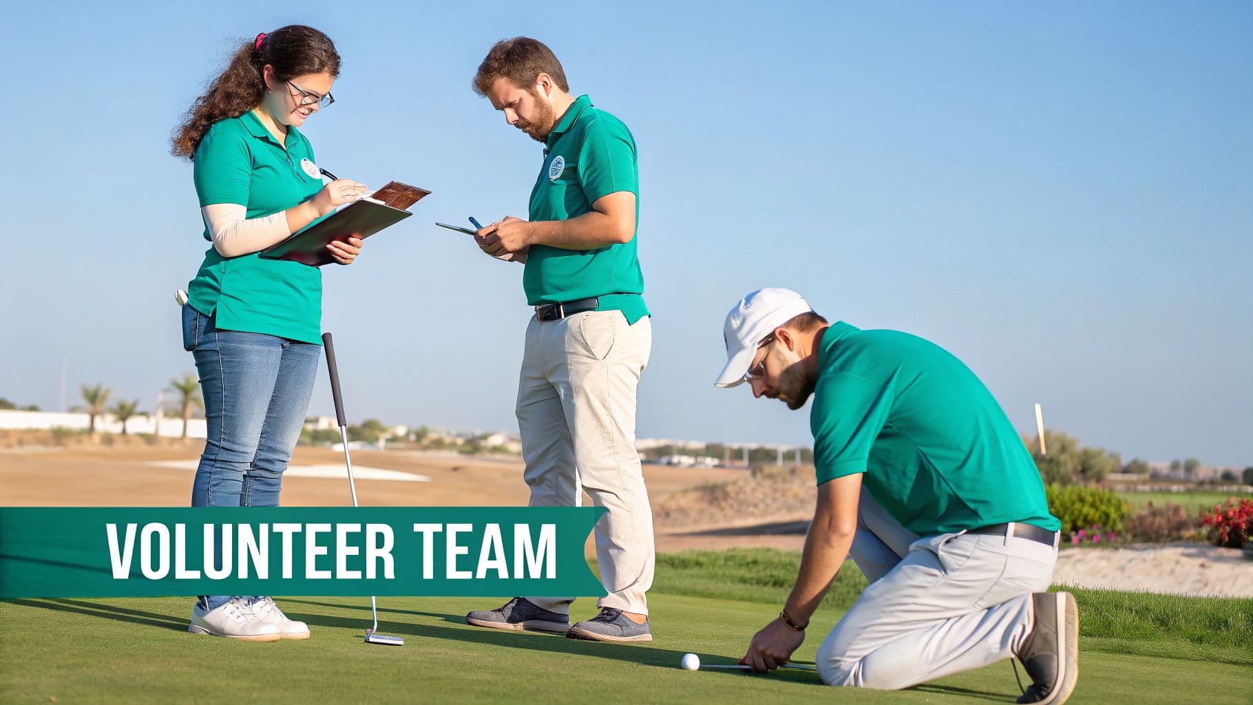 Volunteer team coordinating at a sunny golf course with clipboards and tablets