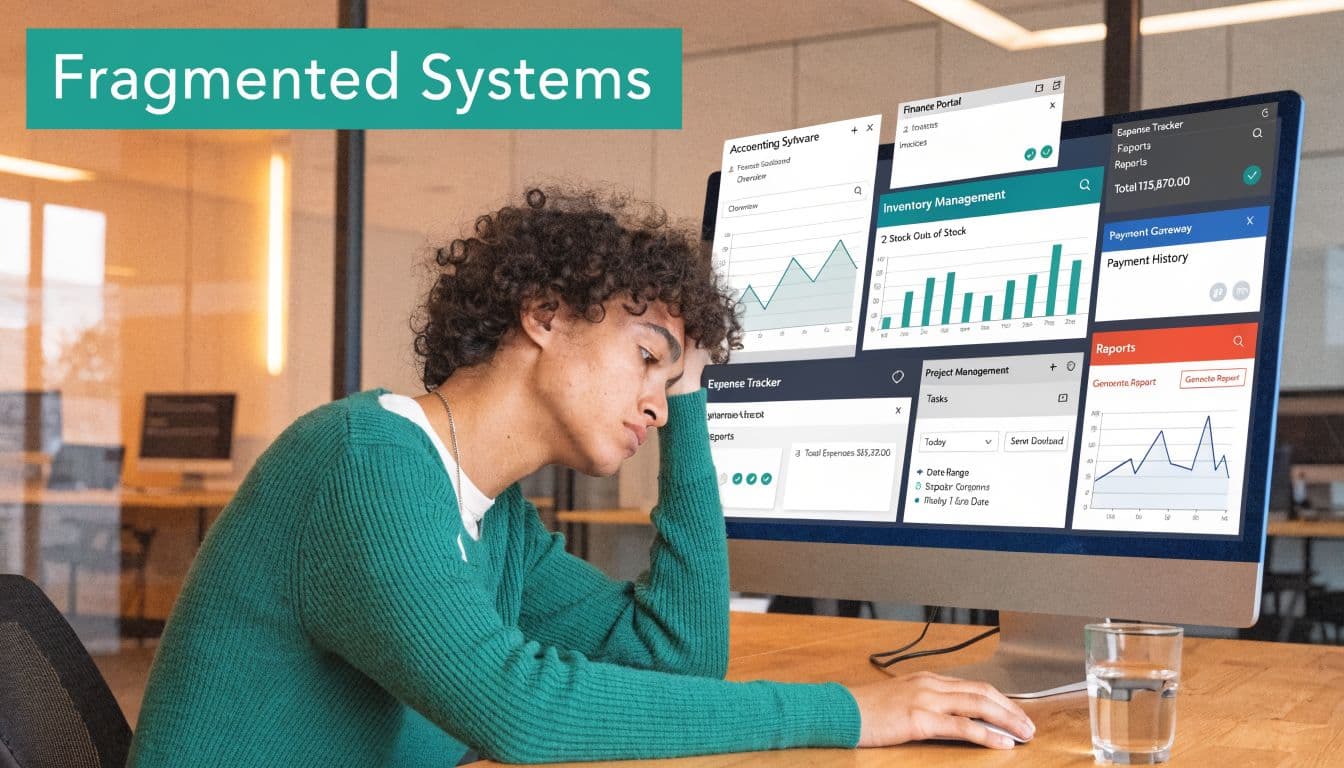 A frustrated person looking at a computer screen filled with many different, disconnected software interface windows.