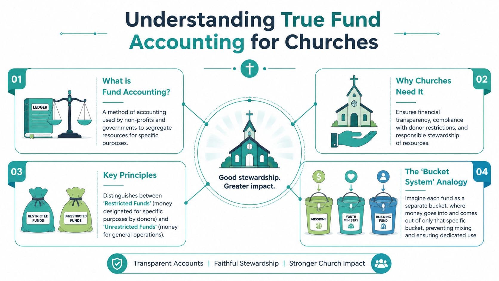 An infographic explaining fund accounting concepts for churches, highlighting stewardship, transparency, and different fund management methods.