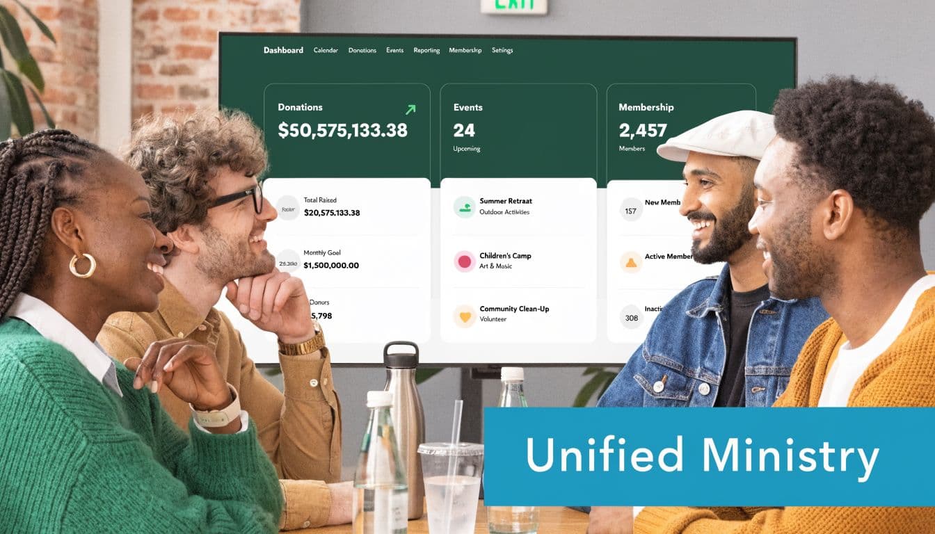 A diverse group of four people having a meeting in front of a digital church dashboard screen.