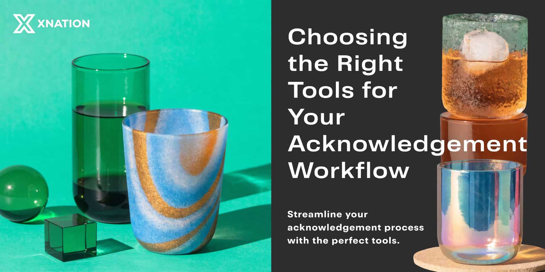 Modern graphic design featuring abstract glassware with the text about choosing tools for acknowledgement workflows.