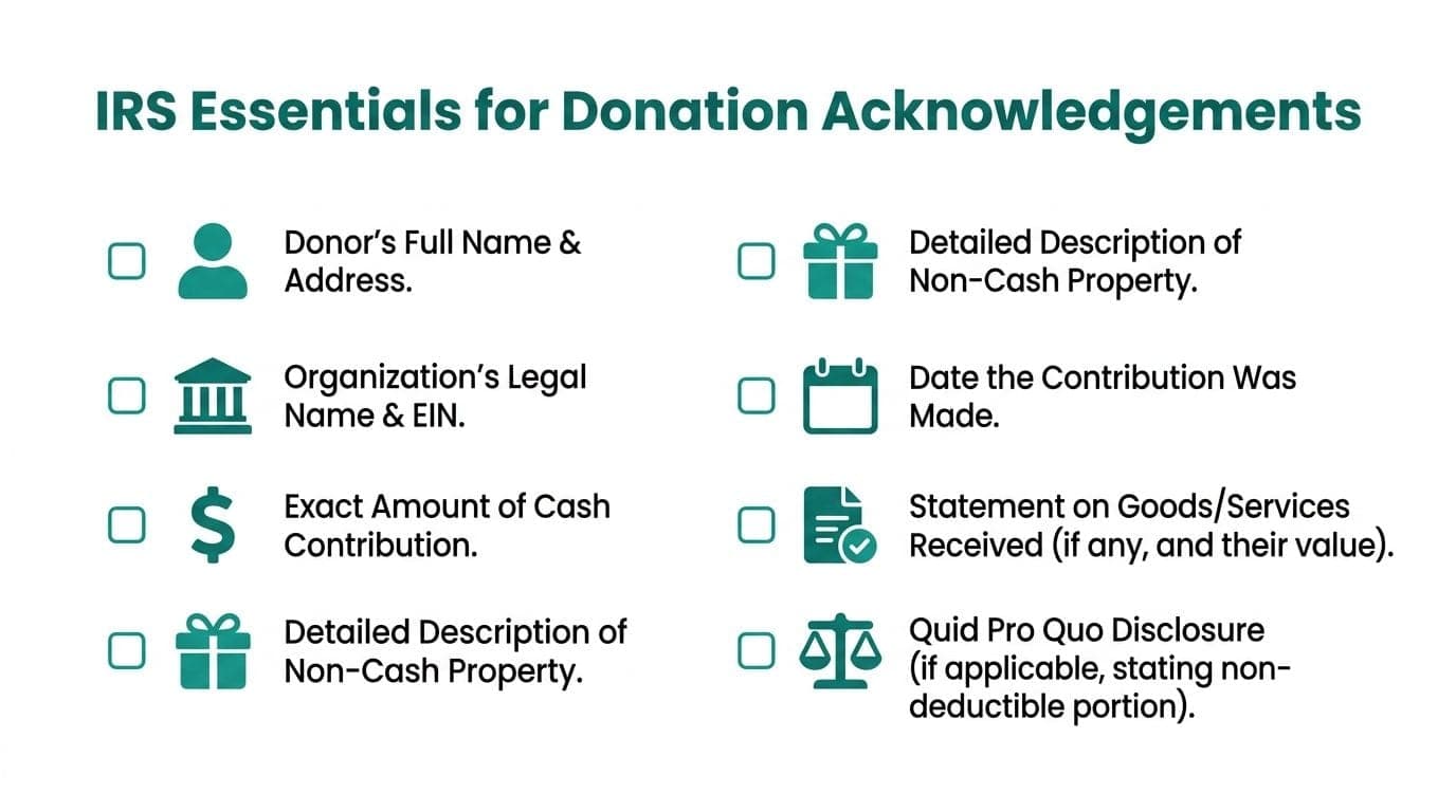 A checklist infographic titled IRS Essentials for Donation Acknowledgements listing key requirements for non-profit organizations.