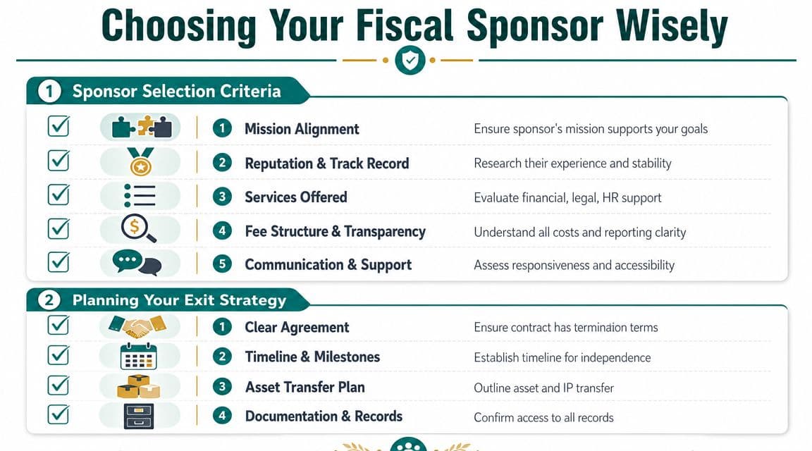 An infographic titled Choosing Your Fiscal Sponsor Wisely outlining selection criteria and exit strategy planning steps.