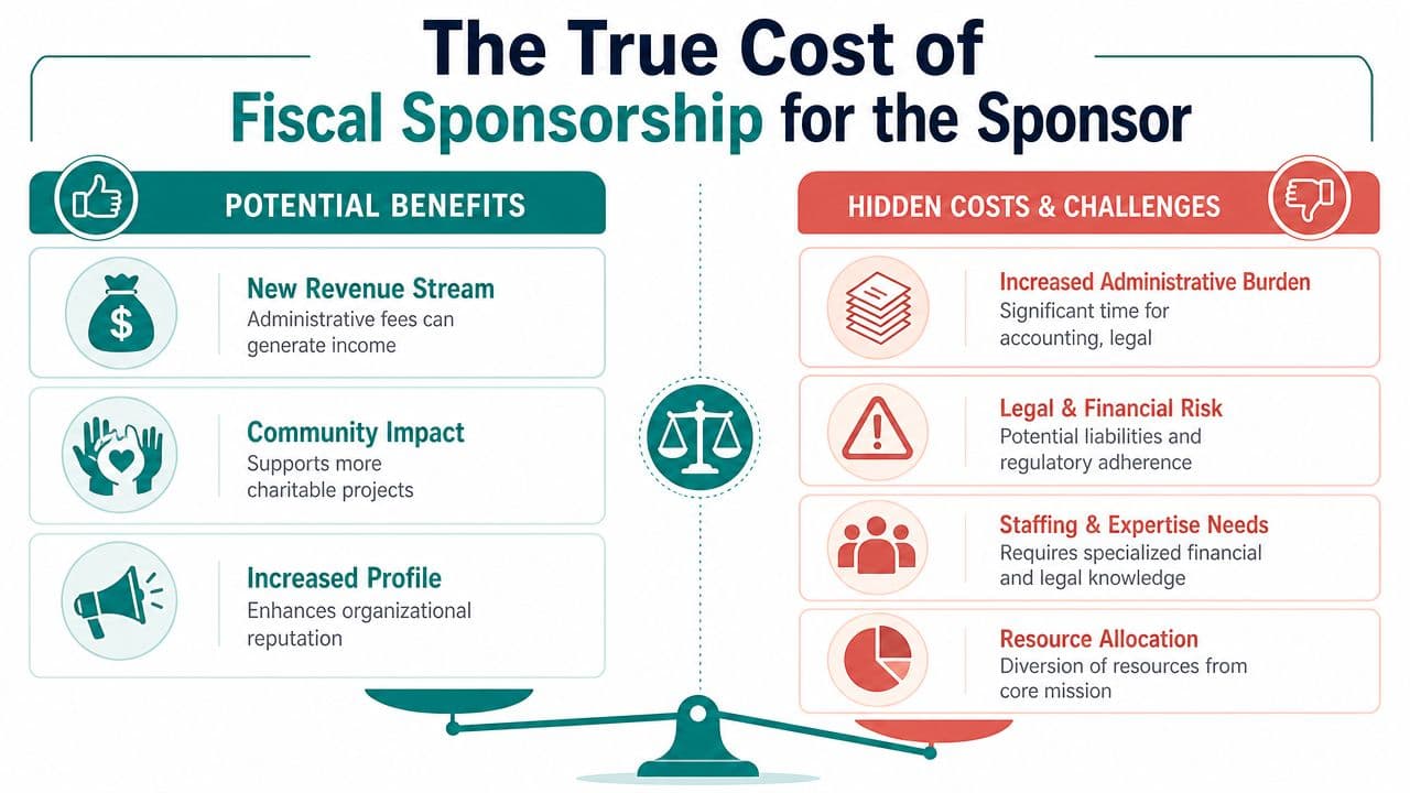 A balance scale infographic comparing potential benefits versus hidden costs and challenges of fiscal sponsorship for nonprofits.