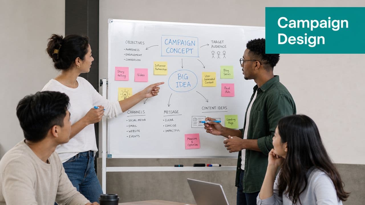 A diverse team collaborating on a campaign design strategy using a whiteboard in an office setting.