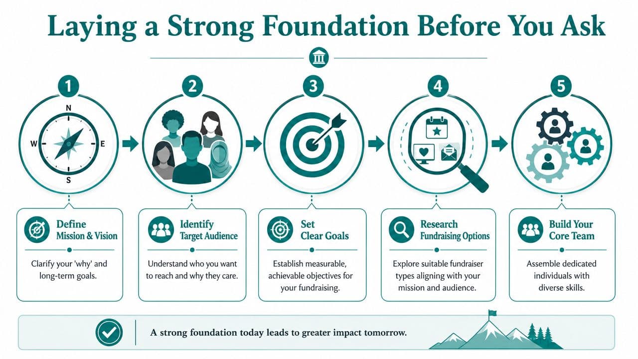 A five-step infographic showing the process for laying a strong foundation for a fundraising campaign.