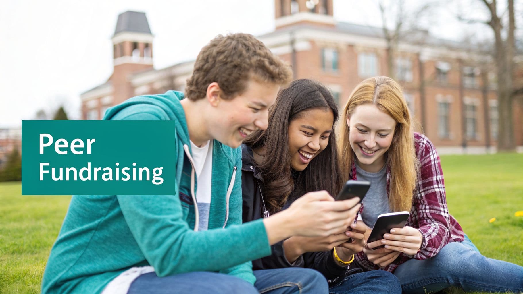 Three diverse college students on a campus lawn, smiling while looking at their smartphones.