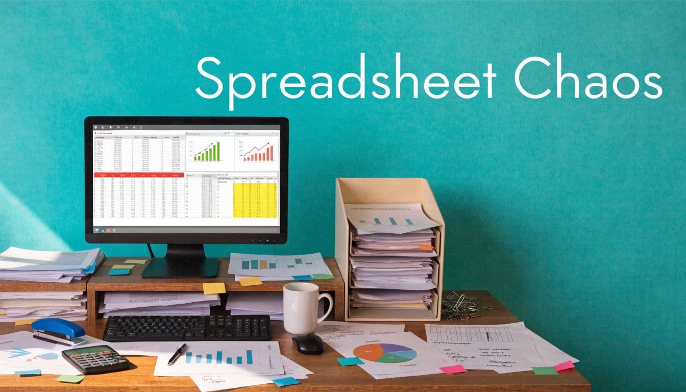 A messy office desk with a computer displaying spreadsheets, papers, a calculator, and office supplies.