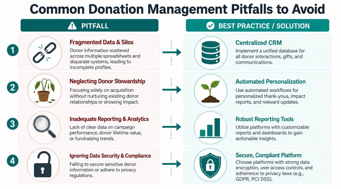 A chart detailing four common nonprofit donation management pitfalls and their corresponding best practice solutions for organizations.
