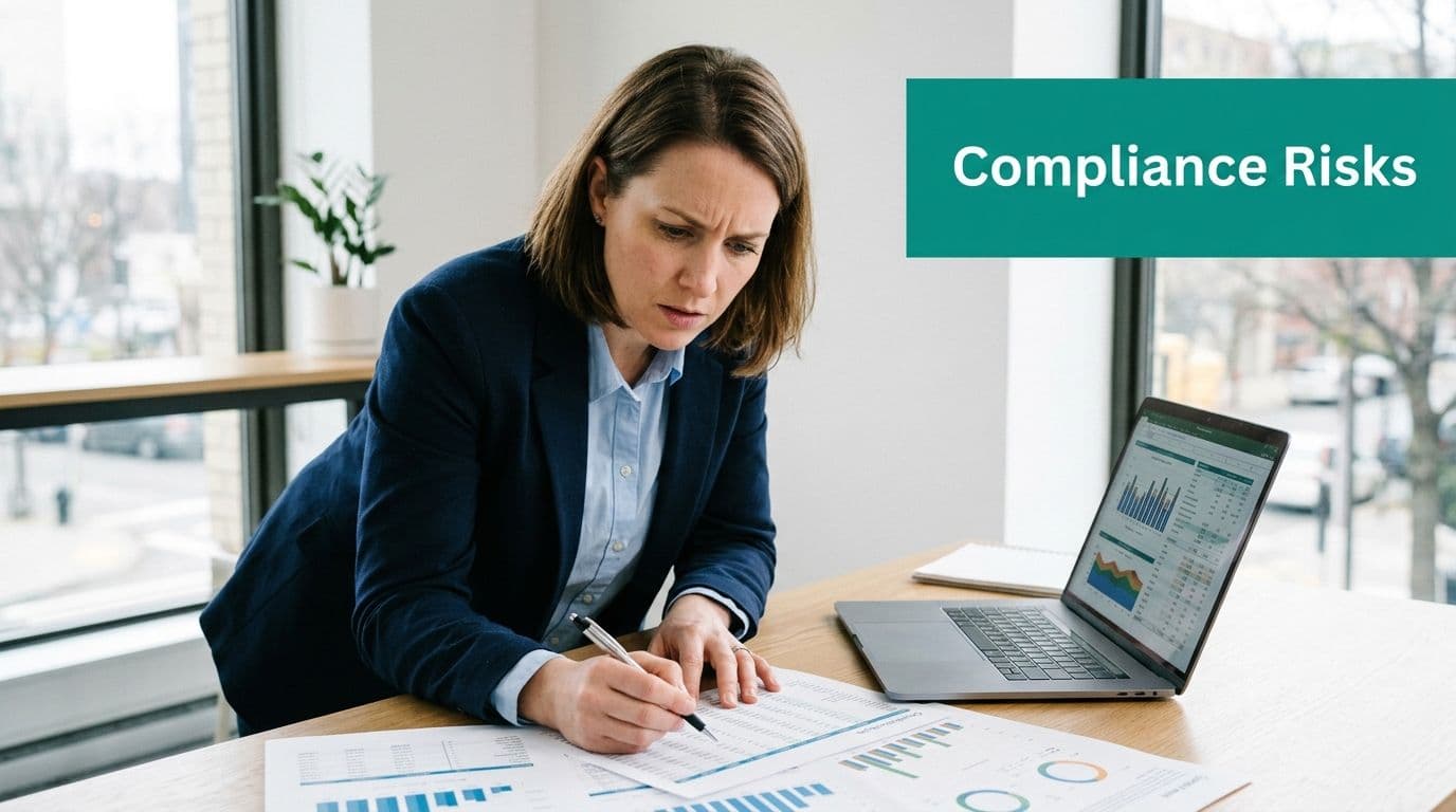 A professional woman in a business suit reviewing financial documents and data on a laptop.