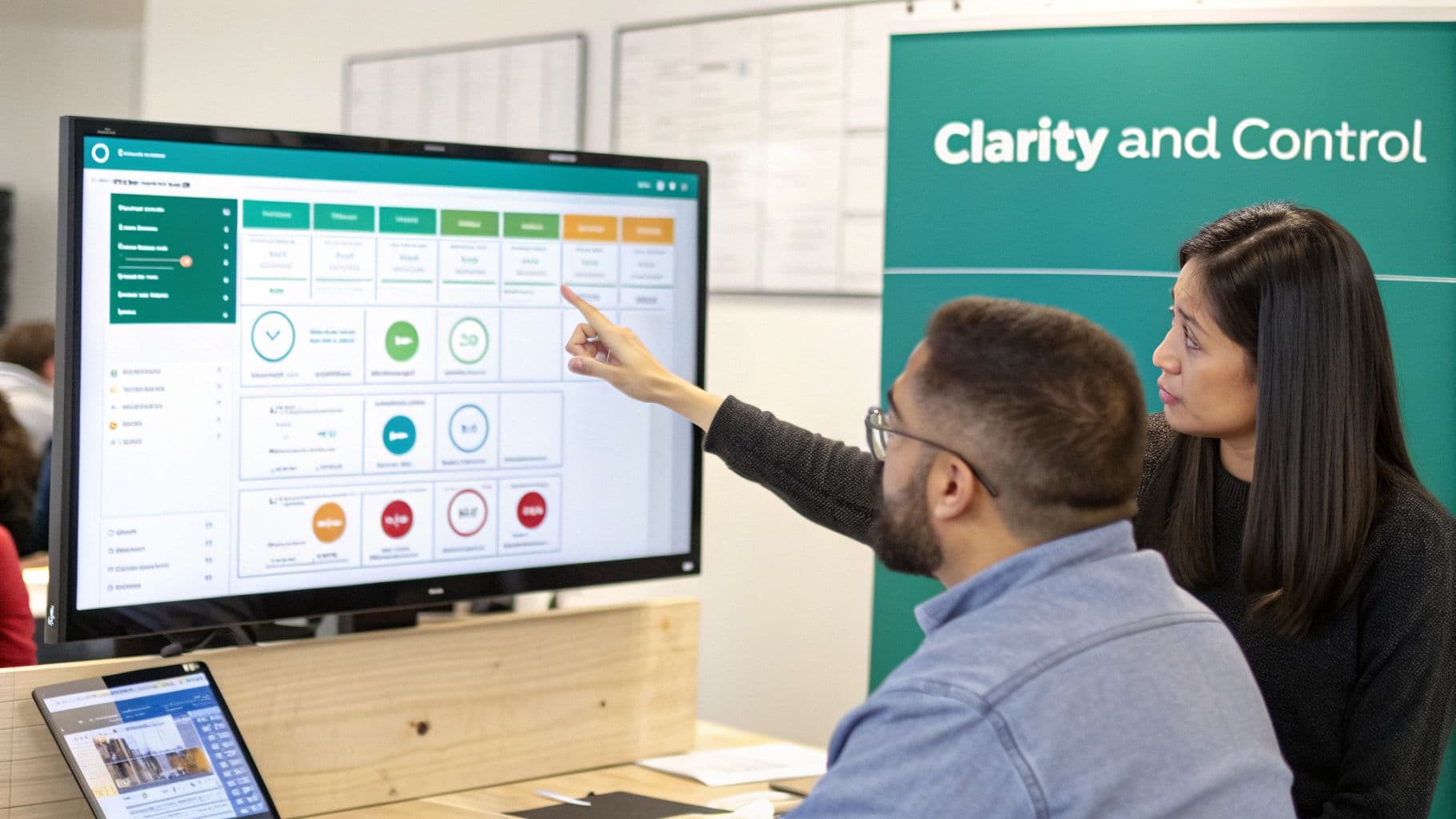 Two colleagues review and discuss data on a large monitor, demonstrating a software interface.