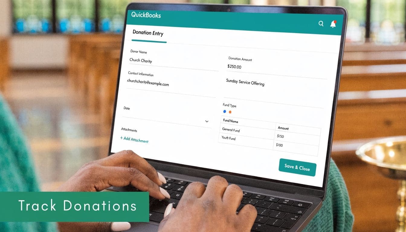 Person using a laptop to enter church donation information into the QuickBooks accounting software platform.