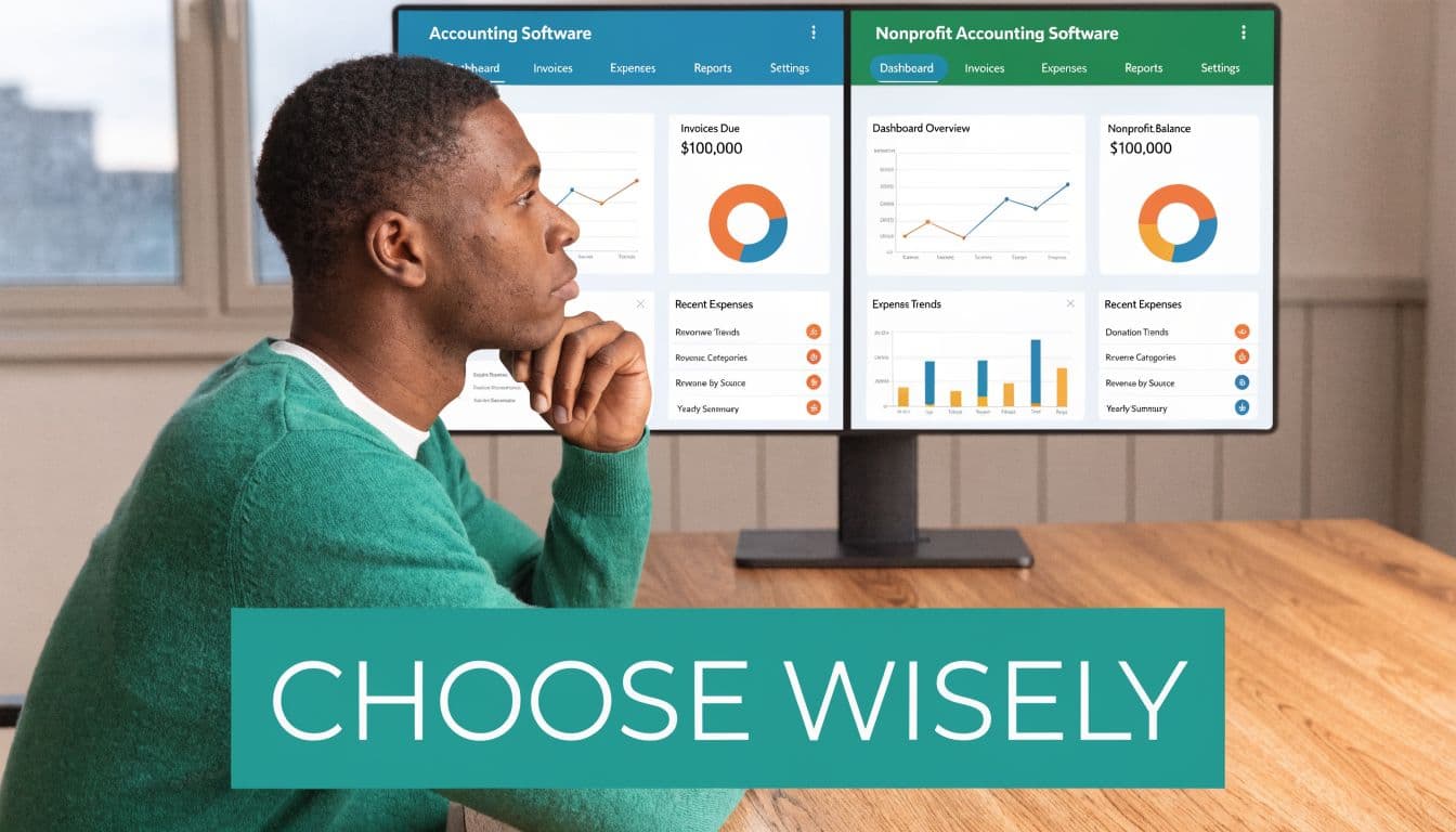 A man in a green sweater comparing standard and nonprofit accounting software on two computer monitors.