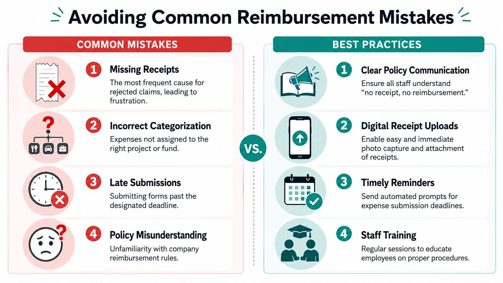 An infographic comparing common reimbursement mistakes with best practice solutions for corporate expense management processes.