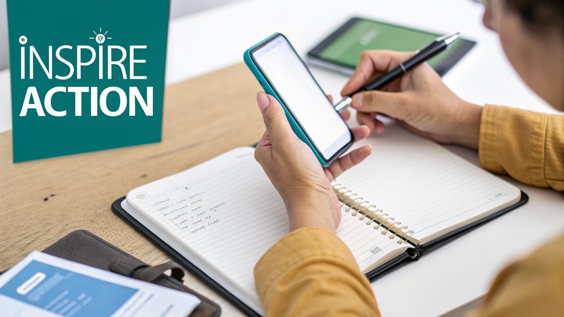 A person's hands hold a smartphone and a pen while writing in a spiral notebook on a desk with an 'Inspire Action' sign.