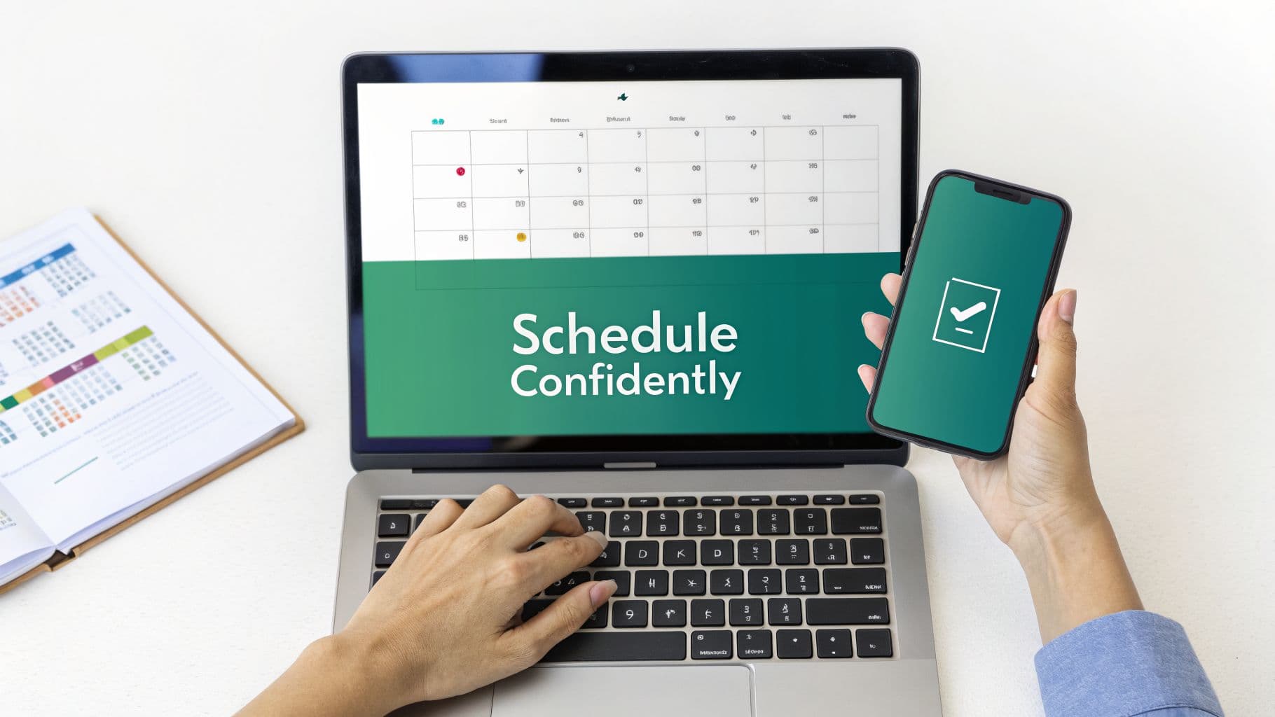 A person uses a laptop and smartphone to confidently manage their schedule and tasks.