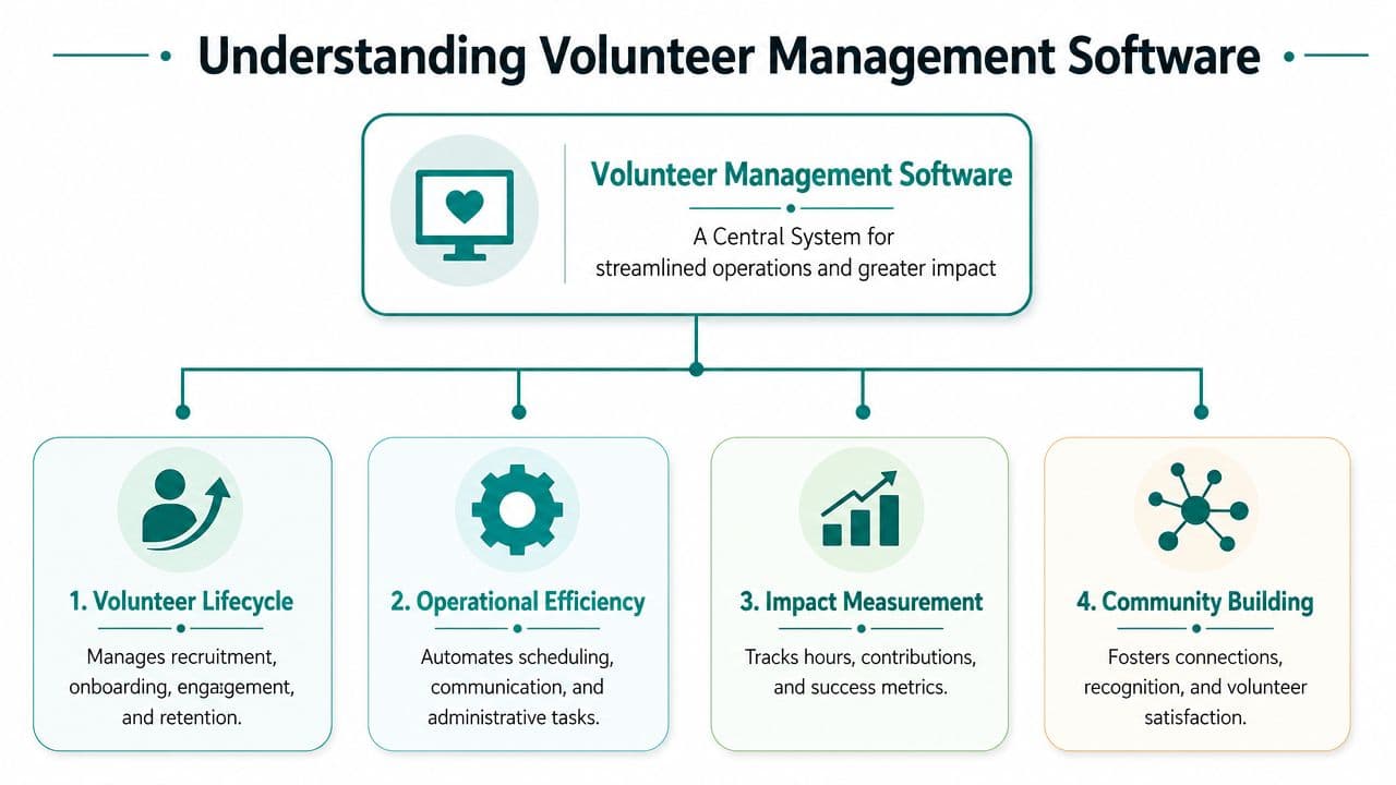 A diagram illustrating the benefits and core functions of professional volunteer management software for organizations.