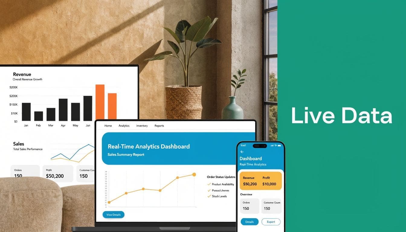 Multiple devices displaying real-time business analytics dashboards including revenue charts