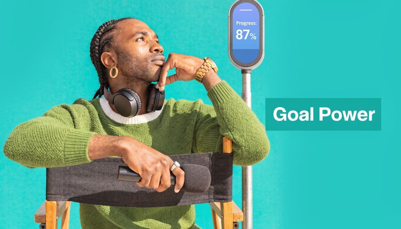 Man in a green sweater holding a microphone sitting beside a digital goal tracking thermometer.