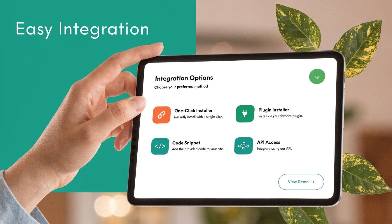 Person holding a tablet displaying easy integration options for software setup on a digital screen