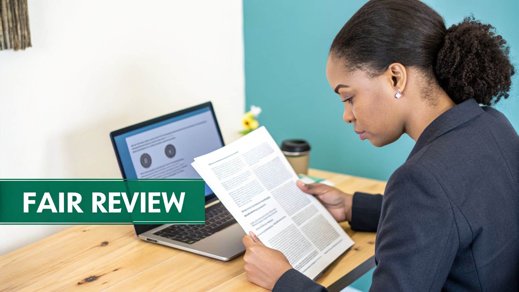 Woman sits at a desk, focused on reading printed documents, with a laptop open nearby