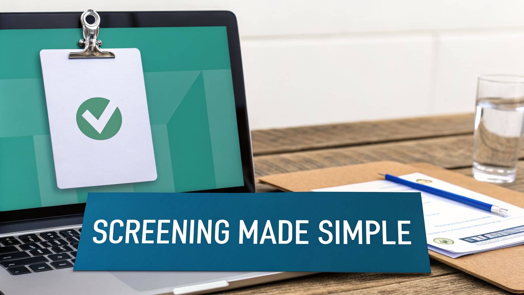 Laptop displaying a white clipboard with a green checkmark