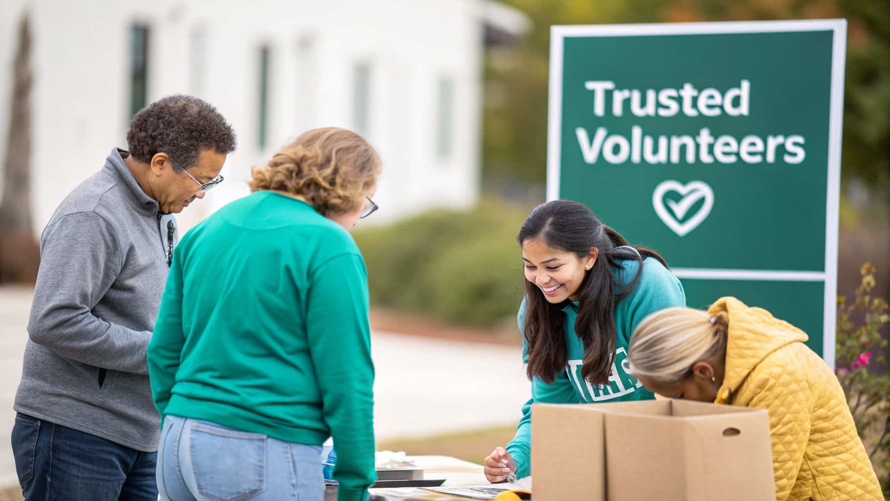 Diverse volunteers smiling and working together at an outdoor event with a 'Trusted Volunteers' sign.