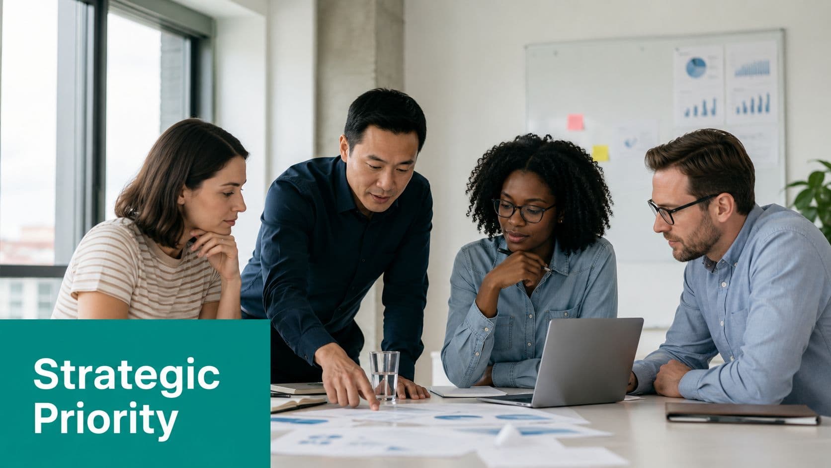 A diverse group of professional colleagues collaborating on business strategy documents in a modern office meeting room.