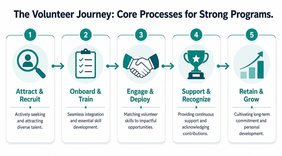 A five-step infographic showing the volunteer journey for effective management programs, from recruitment to retention.