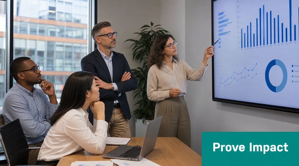 A professional team reviews data on a large screen during a volunteer management software strategy meeting.