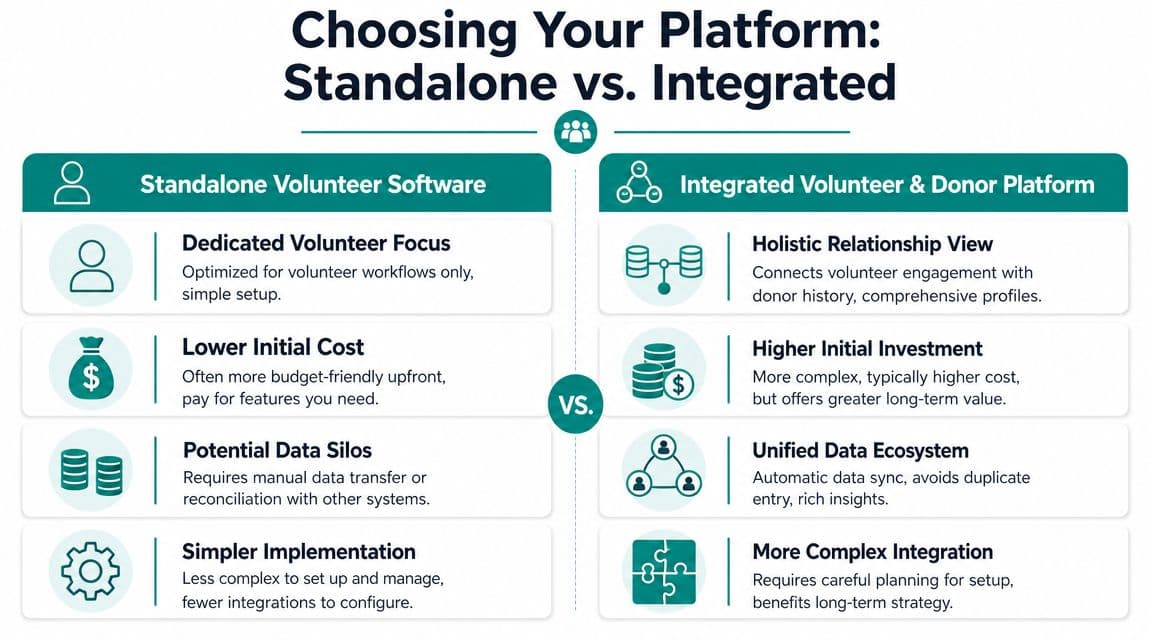 A comparison chart showing the differences between standalone volunteer software and integrated volunteer and donor platforms.