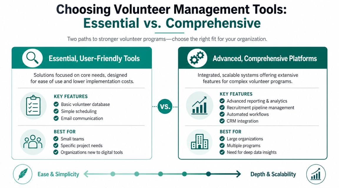 A comparison chart showing the differences between essential volunteer management tools and advanced comprehensive software platforms.