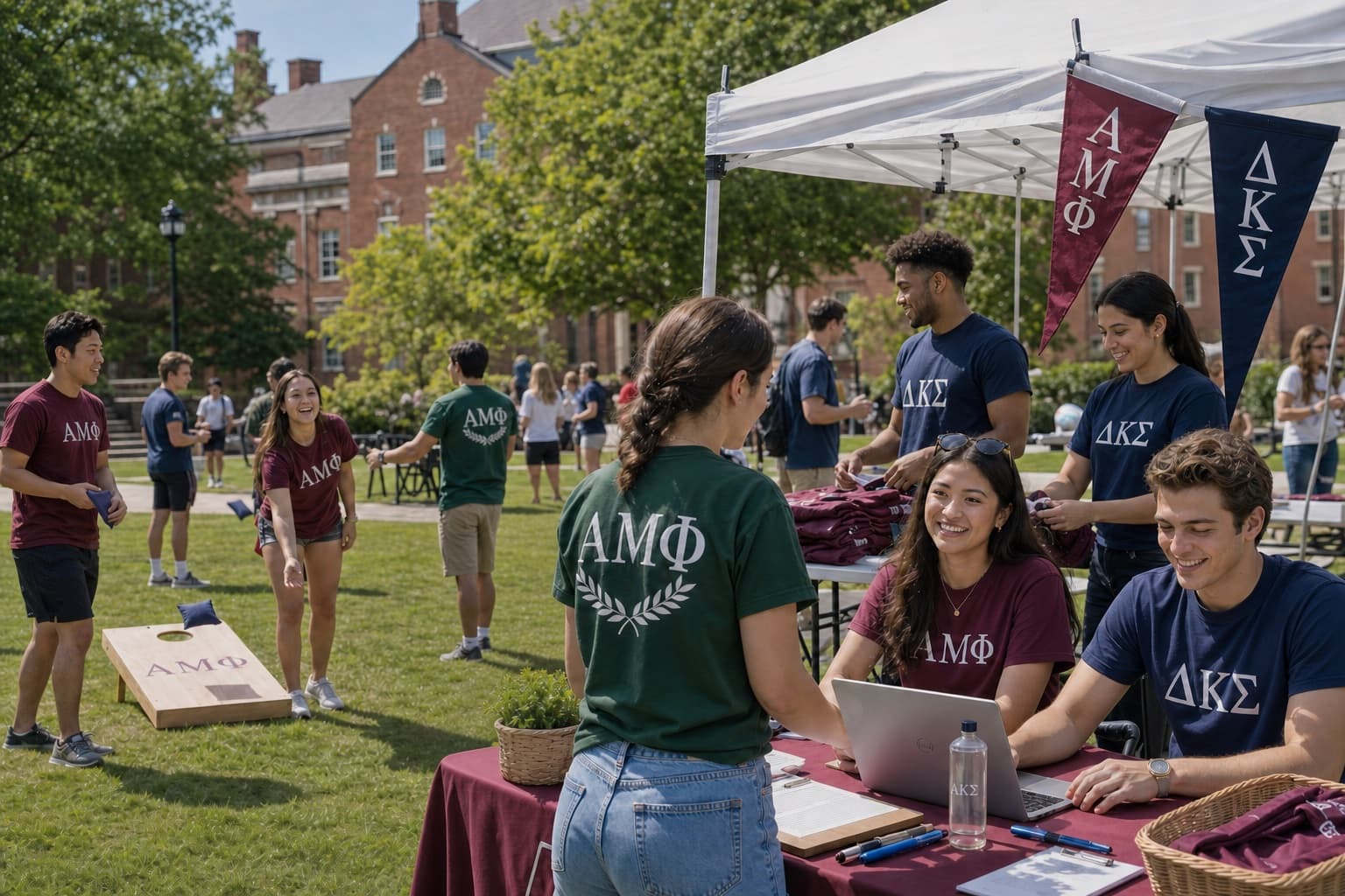 Greek life members running a philanthropy event on a college campus quad