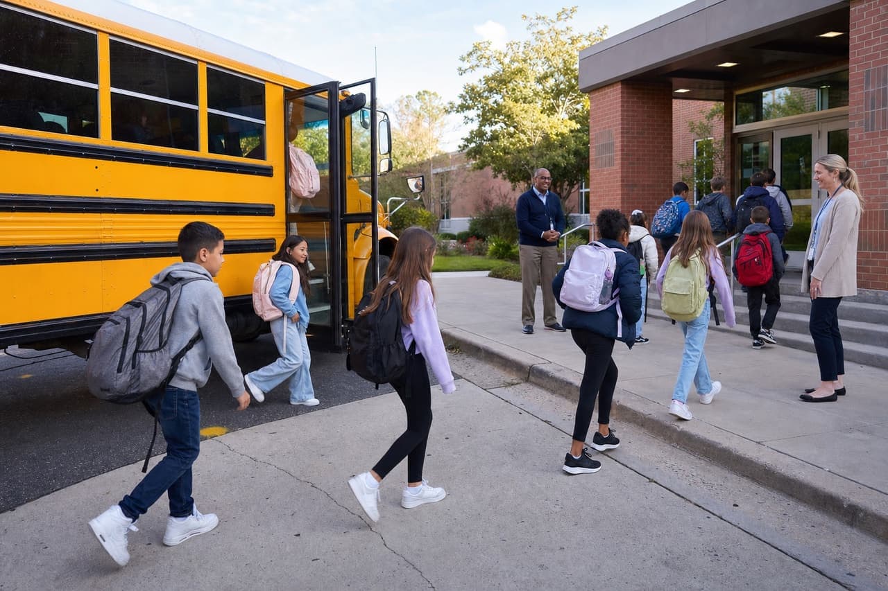 Students leaving a yellow school bus and walking into school during morning arrival