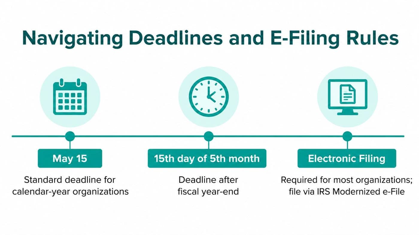 Form 990-EZ filing deadline timeline including the May 15 electronic filing rule