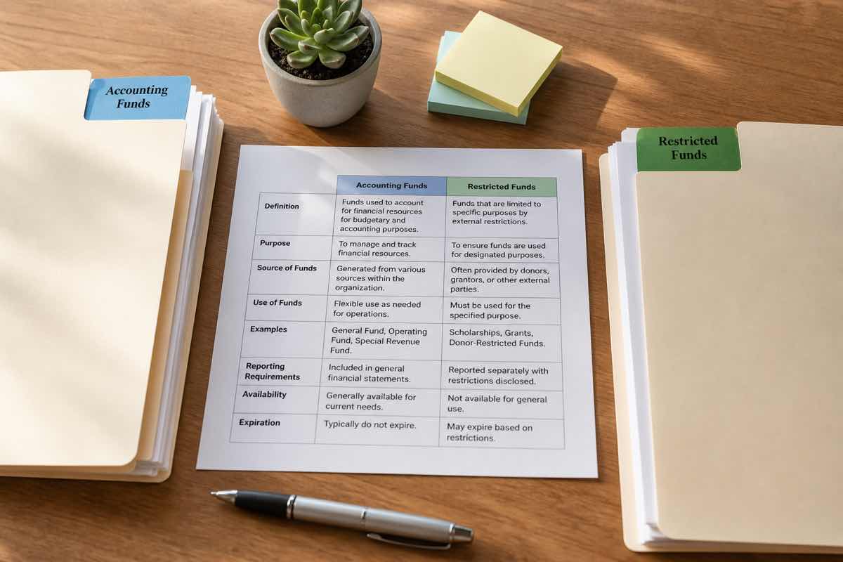 Accounting funds and restricted funds comparison folders on a nonprofit treasurer desk
