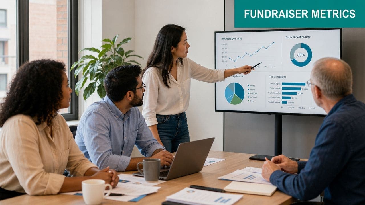 Group of colleagues reviewing fundraiser metrics presented on a digital screen in a modern office.