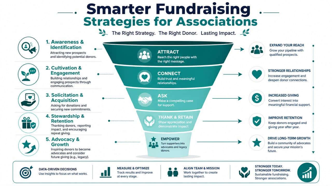 A fundraising funnel infographic illustrating strategies for association donor engagement, retention, and long-term organizational growth.