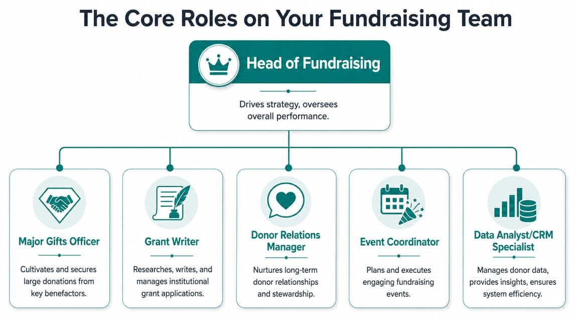 Diagram showing the core roles on a fundraising team, including leadership, officers, and specialized coordinators.
