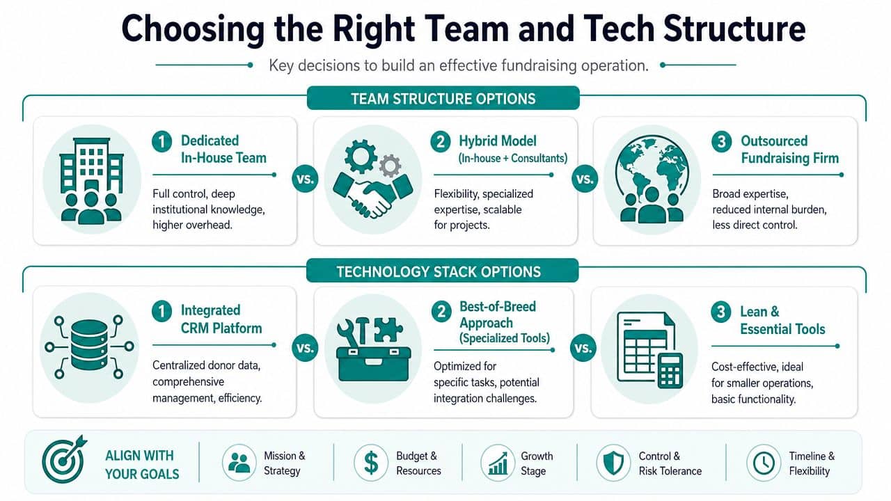 An infographic illustrating options for fundraising team structures and technology stacks for effective nonprofit operations.