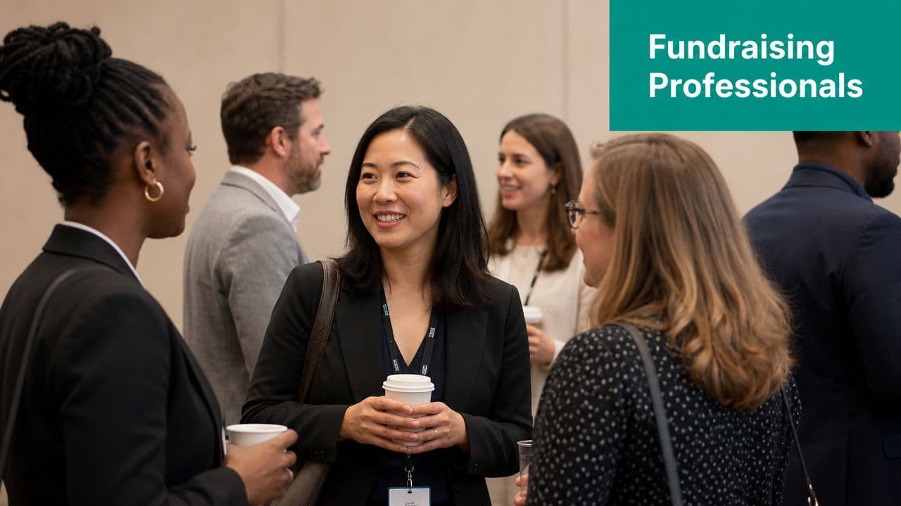 A group of diverse professionals conversing and networking at a business conference event.