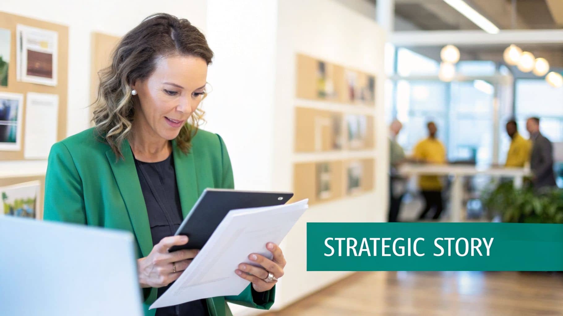 Professional woman in a green blazer reviews documents and a tablet in a collaborative office.