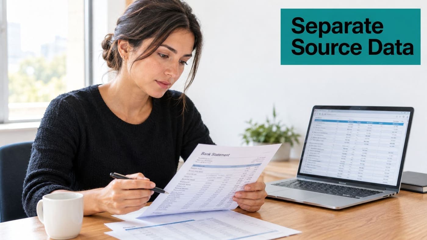 Treasurer comparing paper bank statements with a laptop reconciliation workbook