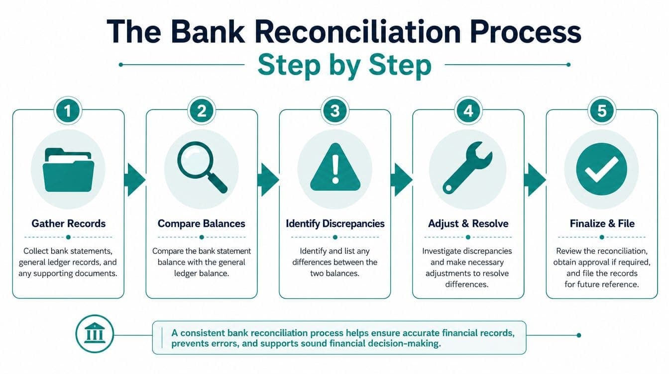 Five-step bank reconciliation process for matching cash and investigating exceptions